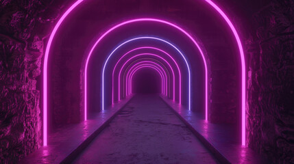 Wall Mural - A long, narrow tunnel lit with pink and purple neon arches