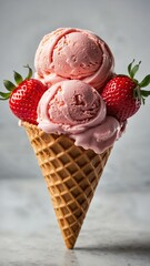 a strawberry ice cream cone with a bright white backgr background