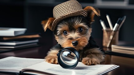 Wall Mural - dog detective looking through magnifying glass