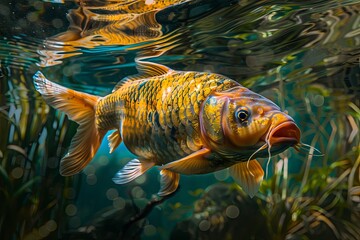 Wall Mural - Colorful Carp Swimming Through Aquatic Plants In Clear Water