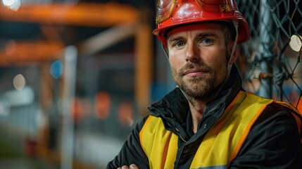 Aufkleber - A handsome man dressed in a black and fluorescent yellow safety outfit with a red safety helmet. This man stands in front of the goal in a football stadium. Generative AI.