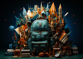 Wall Mural - A blue backpack is piled with various items, including a clock, a book