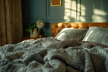 Sticker - A bedroom scene with a bed, blanket, and pillows inside a cozy room