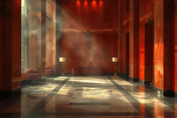 Canvas Print - Red Lobby Light Beams. Generative AI