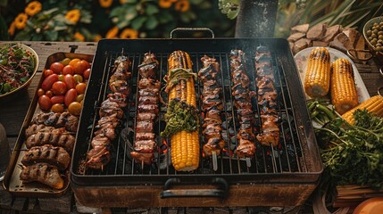 Wall Mural - An aerial view of a backyard barbecue feast, with a grill loaded with meats, vegetables, and corn. Generative AI.