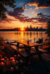 Wall Mural - A table with a bottle of wine on it is set up on a beach near a city