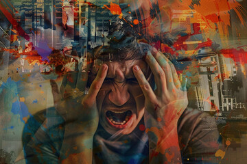Wall Mural - concept burnout - illustration of a person whose head is dissolving into pieces