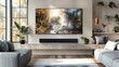 © visoot - A flat screen television on the wall of an elegant living room, with a sleek and modern design and a black soundbar below it. Generative AI.
