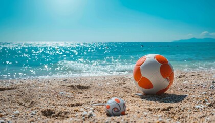 Wall Mural - Colorful Beach Ball on Sandy Shore at Sunset with Gentle Waves