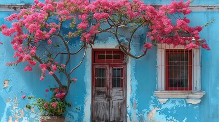 Sticker - Colorful blooming bougainvillea in front of an old, blue house with peeling paint and cracked walls on the island. Generative AI.