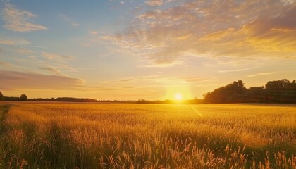 Canvas Print - Golden Sunset Over a Summer Field with Lush Grass and Open Sky