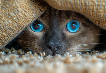 Wall Mural - A cat with blue eyes is peeking out from behind a blanket