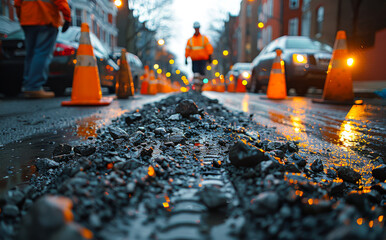 A man in a reflective vest walks down a street with orange cones