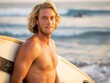 © mirifadapt - Handsome fit young blond man with surfboard on the beach. Concept of sport, fitness, freedom, happiness, new modern life