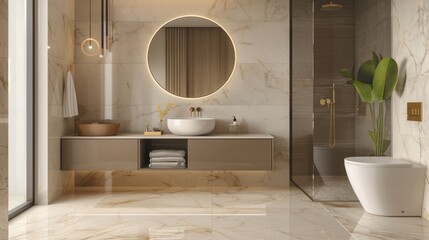 Wall Mural - Interior design luxury beige toilet with a round mirror over washbasin into the cabinet.