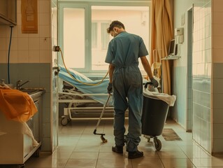 Young man working in a hospital as cleaner