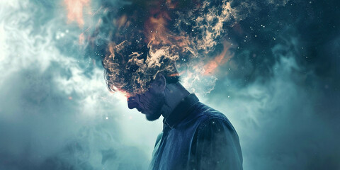 Wall Mural - concept burn out - illustration of a person whose head is dissolving into smoke and pieces