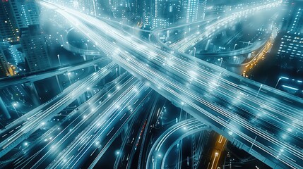 Aufkleber - Abstract aerial view of highway network with connections, smart city concept with digital technology and communication. Generative AI.