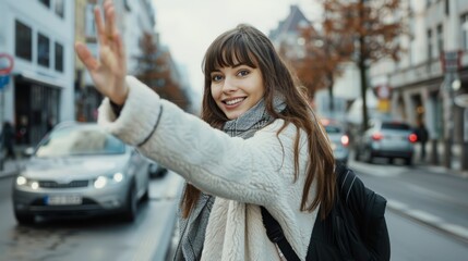 Woman hails cab in city, street, or New York road for transportation, travel, or urban commute. Local tourist, student, or individual waiting for cab, lift, or touring bus