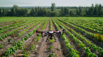 Wall Mural - a drone flying over a well-maintained field with rows of crops. The drone has four rotors and a red-and-white body with black accents