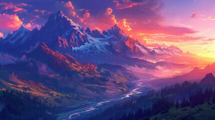Wall Mural - A majestic mountain range during sunset, with a river flowing through the valley, and vibrant colors in the sky 