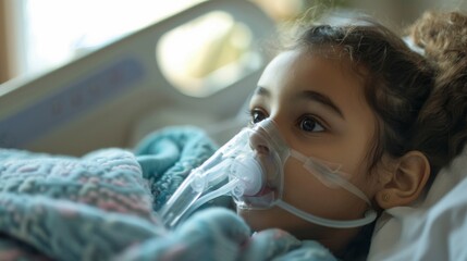 Young Girl Receives Oxygen Treatment in Hospital Bed. Generative AI