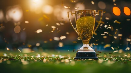 Football champion cup on stadium field with spotlights and confetti  final match excitement