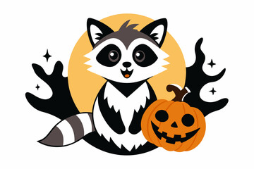 Wall Mural - vintage t-shirt design featuring a raccoon perched on a jack-o'-lantern vector illustration