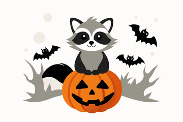 Wall Mural - vintage t-shirt design featuring a raccoon perched on a jack-o'-lantern vector illustration