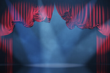 Wall Mural - theater stage with volume light and smoke. red curtains in motion
