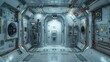 © visoot - A dilapidated space ship airlock door, a keypad to the right, small indicator lights scattered around, conduit and pipes run along the walls, many access panels on most surfaces. Generative AI.