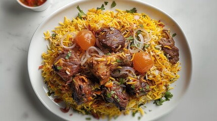 Poster - White oval shape plate on white table, yellow basmati mutton biriyani on it and Pieces of beef meat are seen everywhere on the white plate. Generative AI.