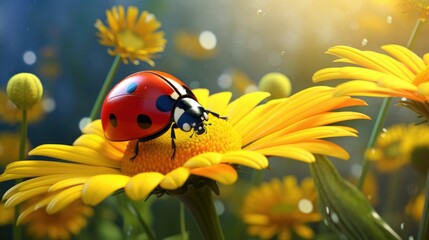 Sticker - A cute ladybug sitting on top of a yellow flower