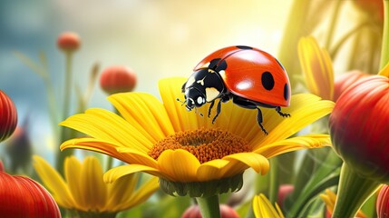 Wall Mural - A cute ladybug sitting on top of a yellow flower