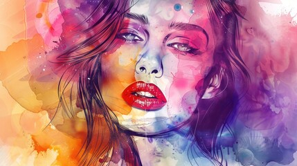 Beautiful woman face pop art drawing in watercolor. AI generated
