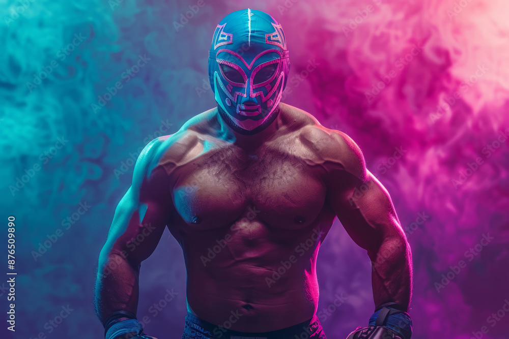 Mask Muscle Muscular masked wrestler stands amid smoke in a dramatic setting Stock ...