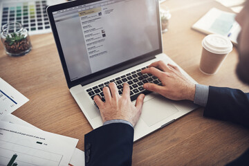 Poster - Businessman, hands and typing on laptop for planning schedule, meeting appointment and calendar app in office. Employee guy, computer and online reminder for work agenda, deadline and time management