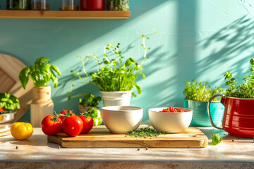 Wall Mural - Bright modern kitchen with fresh vegetables and herbs