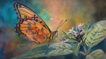 Sticker - Tawny Coster Butterfly Gathering Nectar on Leaf with Pastel Colors