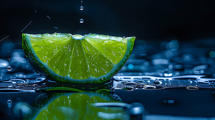 Wall Mural - a close-up of a vibrant green lime wedge on a reflective blue surface. The lime appears freshly sliced, with glistening juice on its surface