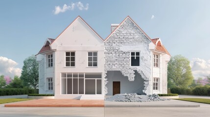 A partially constructed house showing two different stages of the building process under a clear sky with greenery in the background.