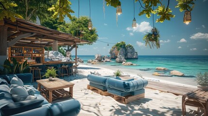 Wall Mural - An outdoor beach bar with a wooden structure, blue sofas and white sand, tropical plants on the floor and a view to a beautiful sea and rocks. Generative AI.