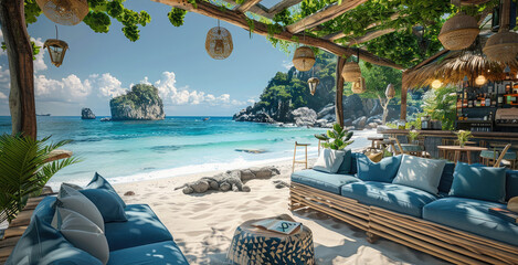 Wall Mural - An outdoor beach bar with a wooden structure, blue sofas and white sand, tropical plants on the floor and a view to a beautiful sea and rocks. Generative AI.