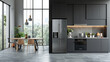 © visoot - The refrigerator, with gray color. The cabinet door has silver accents on its front panel, which reflects modernity in design. simple and elegant kitchen with a dining table nearby. Generative AI.