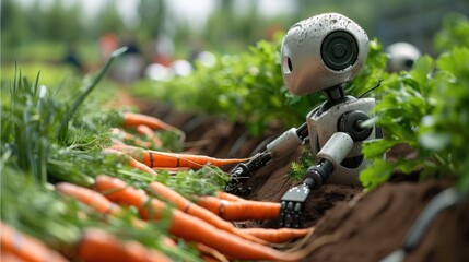 Wall Mural - A robot is working on a carrot farm. Generative AI.