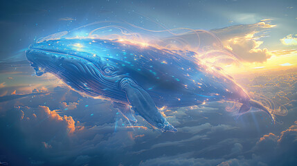 Wall Mural - Blue hue. A giant transparent whale made of glowing blue and gold light floats above the clouds. Generative AI.