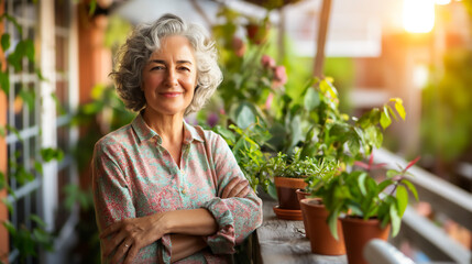 Senior Caucasian woman on balcony taking care of plants, hobby and active lifestyle, copy space