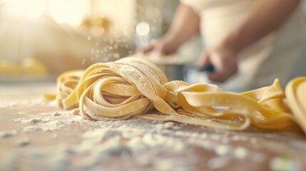 Close-up of freshly made pasta on a floured surface, with a person in the background preparing ingredients in a kitchen setting.