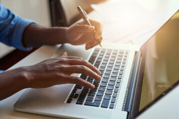 Poster - Business, hand and keyboard on laptop with person, pen and freelance journalist for online story pitch or research. Writing, article and email virtual interviewee, internet and source or information