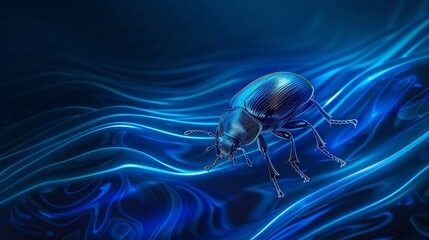 Wall Mural - In this luminous blue beetle's motion portrait, flowing light trails are depicted on a dark background.